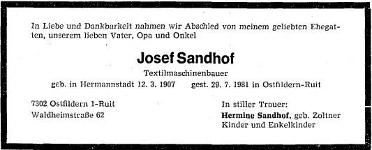 Sandhof Josefl 1907-1981 Todesanzeige